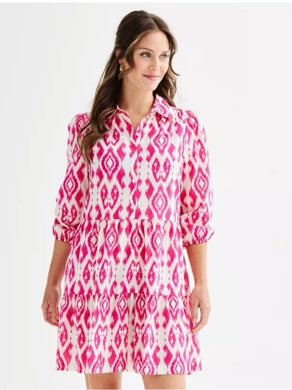 Ellen Tracy Pink Ikat Print Tiered Shirt Dress